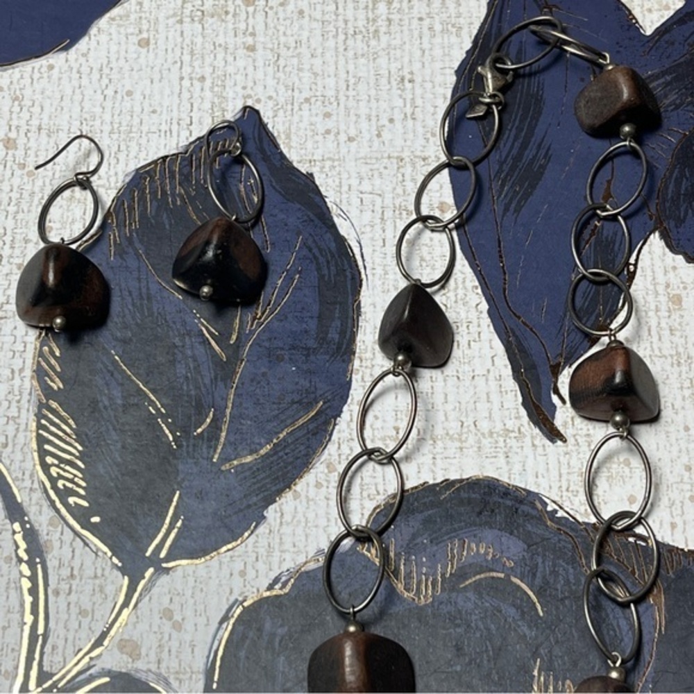 Vintage 925 Sterling Silver Chain Link and Wood Bead Necklace Earrings Set D3
